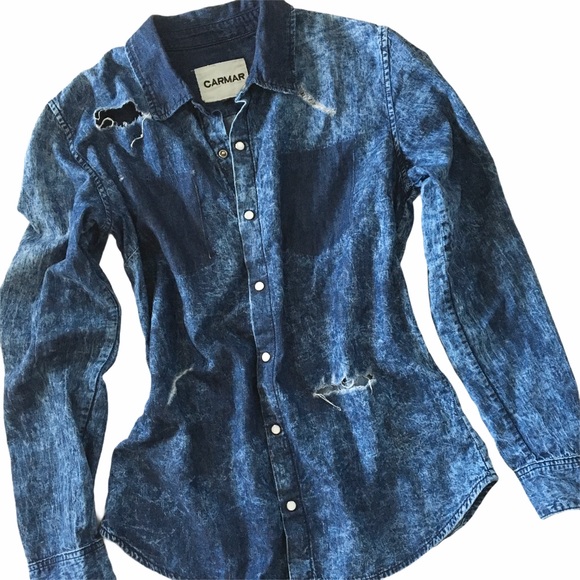 new LF Carmar ✶ Destroyed Denim Button Down BD Shirt ✶ Chambray Mineral Wash ✶ - Picture 4 of 16